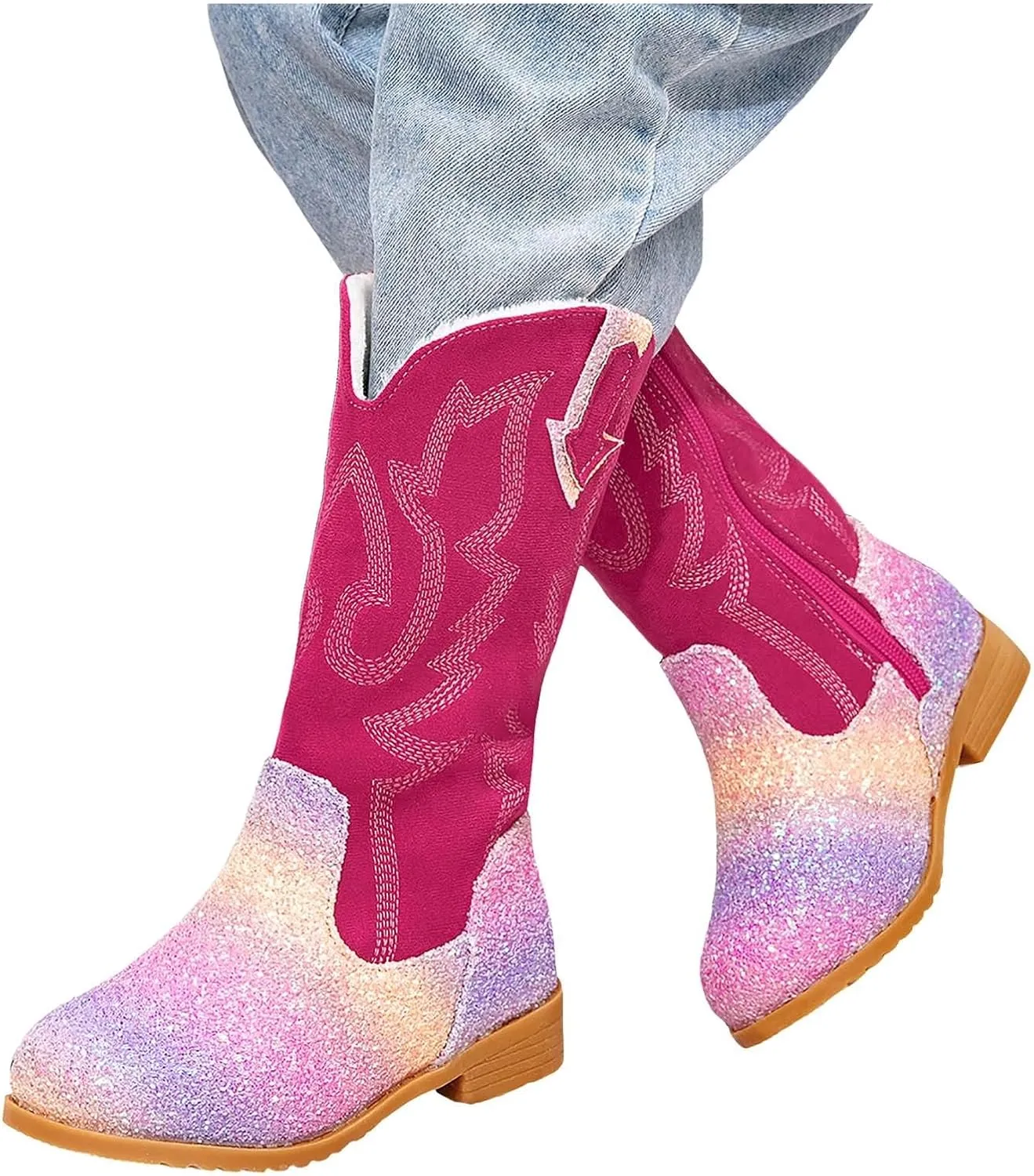 Girls Cowboy Boots Kids Toddler Glitter Western Cowgirl Boots Trendy Mid Calf Zipper Color Block Sparkly Riding Shoes