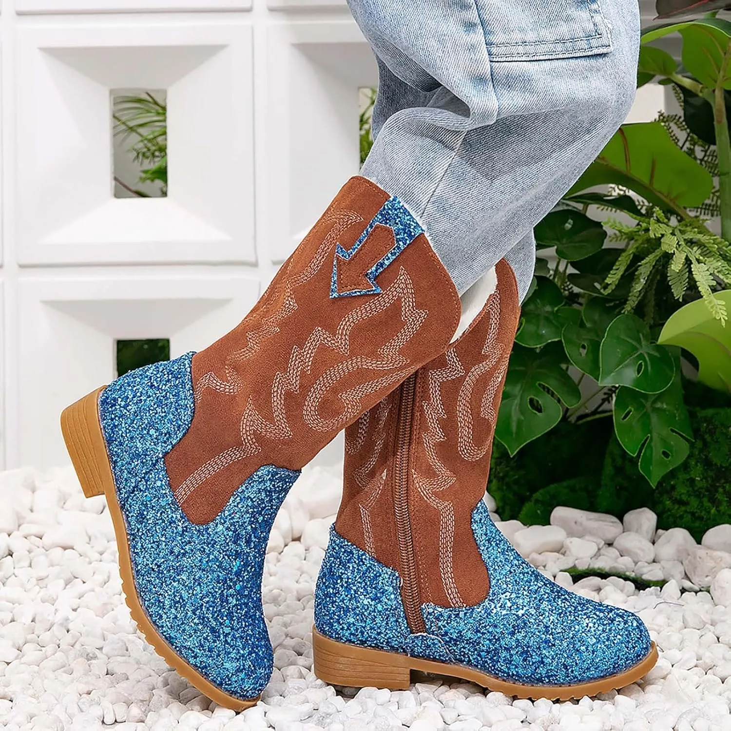 Girls Cowboy Boots Kids Toddler Glitter Western Cowgirl Boots Trendy Mid Calf Zipper Color Block Sparkly Riding Shoes