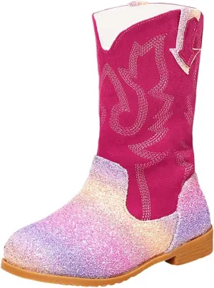 Girls Cowboy Boots Kids Toddler Glitter Western Cowgirl Boots Trendy Mid Calf Zipper Color Block Sparkly Riding Shoes