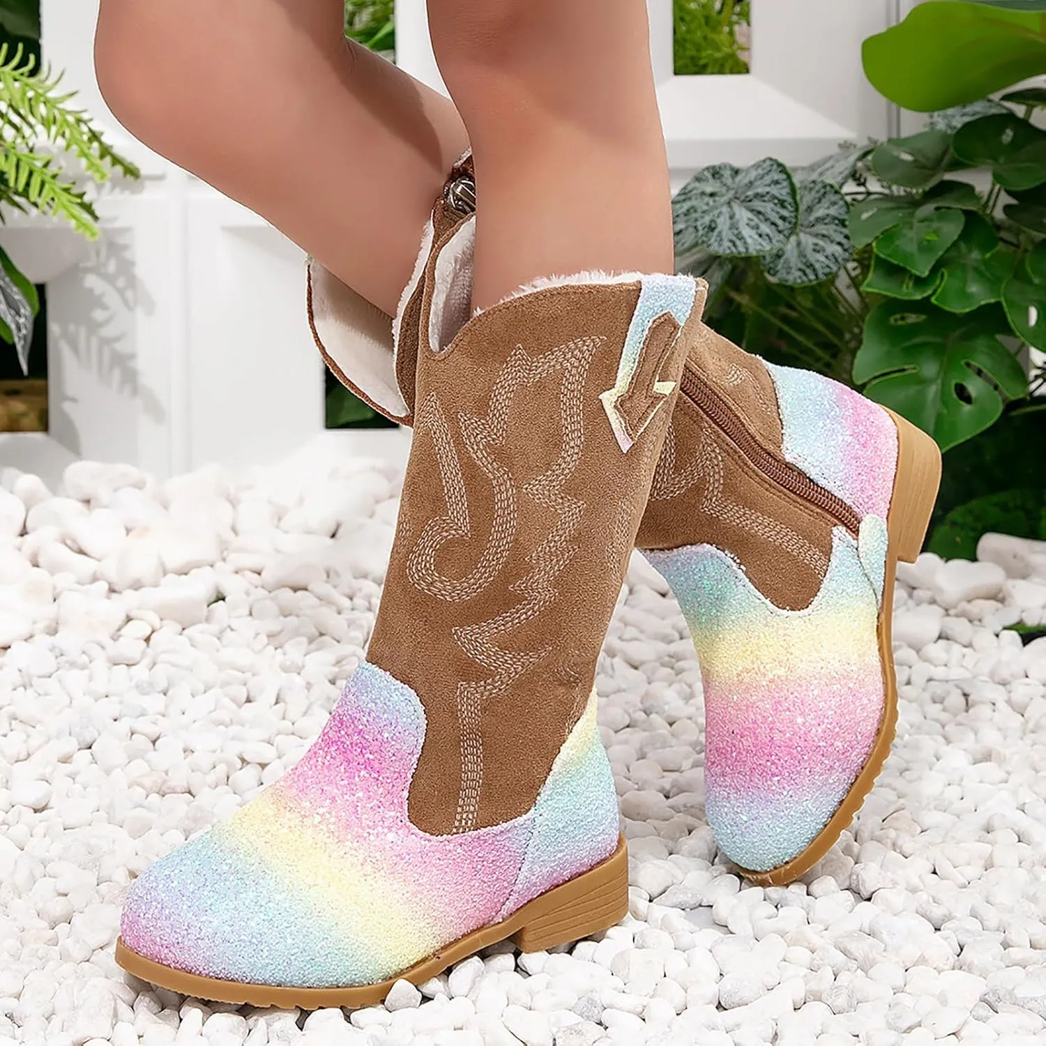 Girls Cowboy Boots Kids Toddler Glitter Western Cowgirl Boots Trendy Mid Calf Zipper Color Block Sparkly Riding Shoes