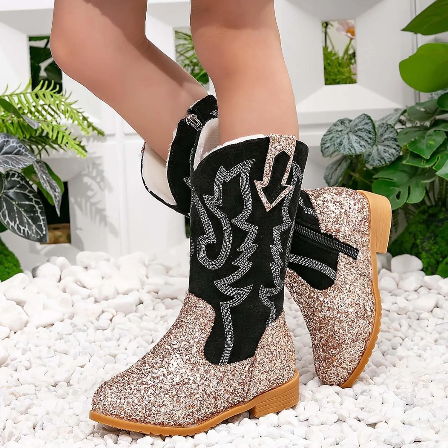 Girls Cowboy Boots Kids Toddler Glitter Western Cowgirl Boots Trendy Mid Calf Zipper Color Block Sparkly Riding Shoes