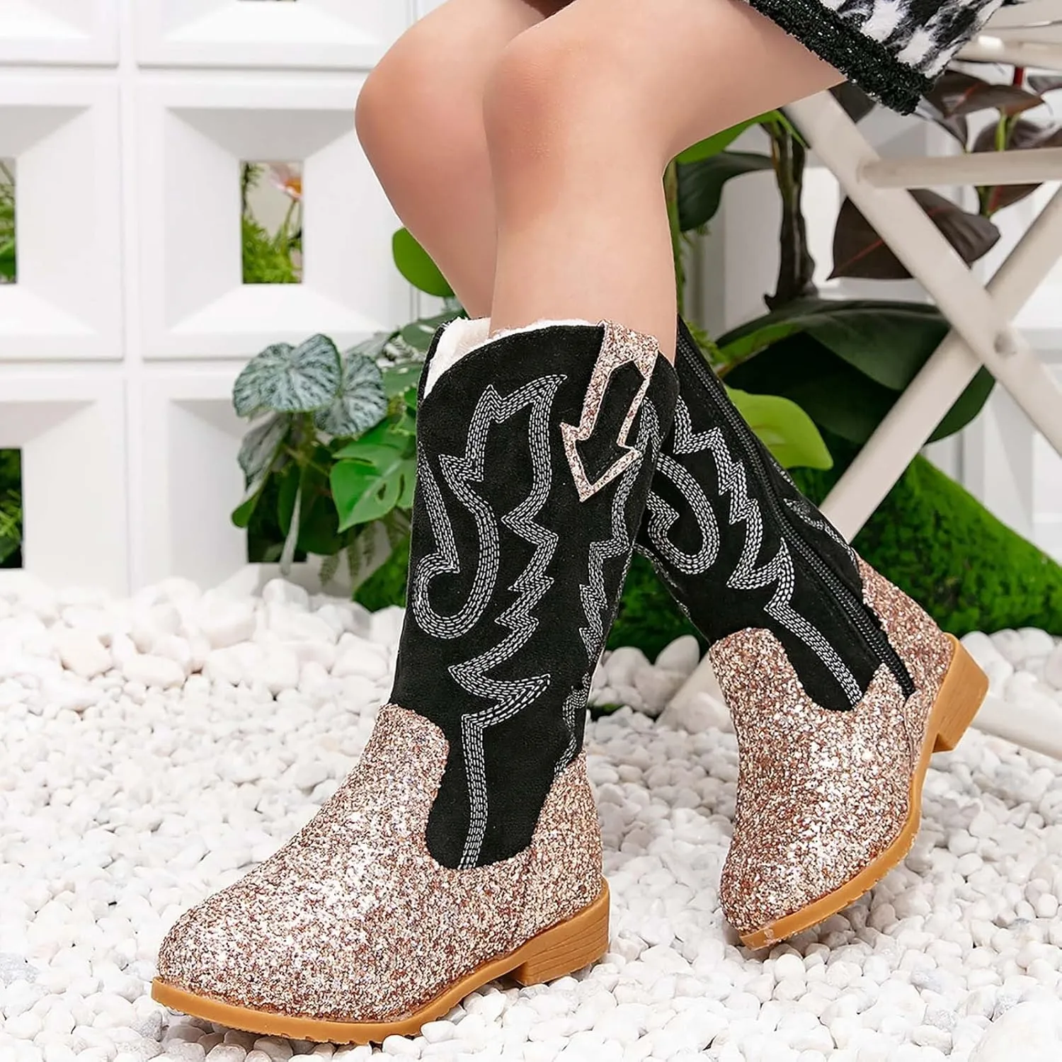 Girls Cowboy Boots Kids Toddler Glitter Western Cowgirl Boots Trendy Mid Calf Zipper Color Block Sparkly Riding Shoes