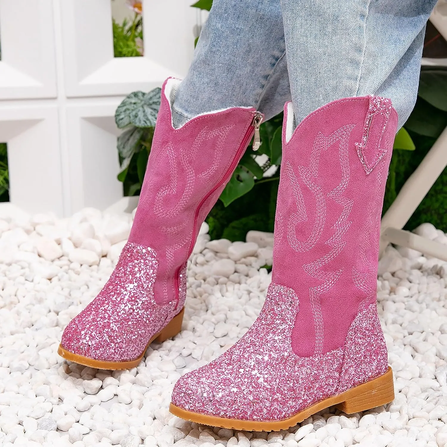 Girls Cowboy Boots Kids Toddler Glitter Western Cowgirl Boots Trendy Mid Calf Zipper Color Block Sparkly Riding Shoes