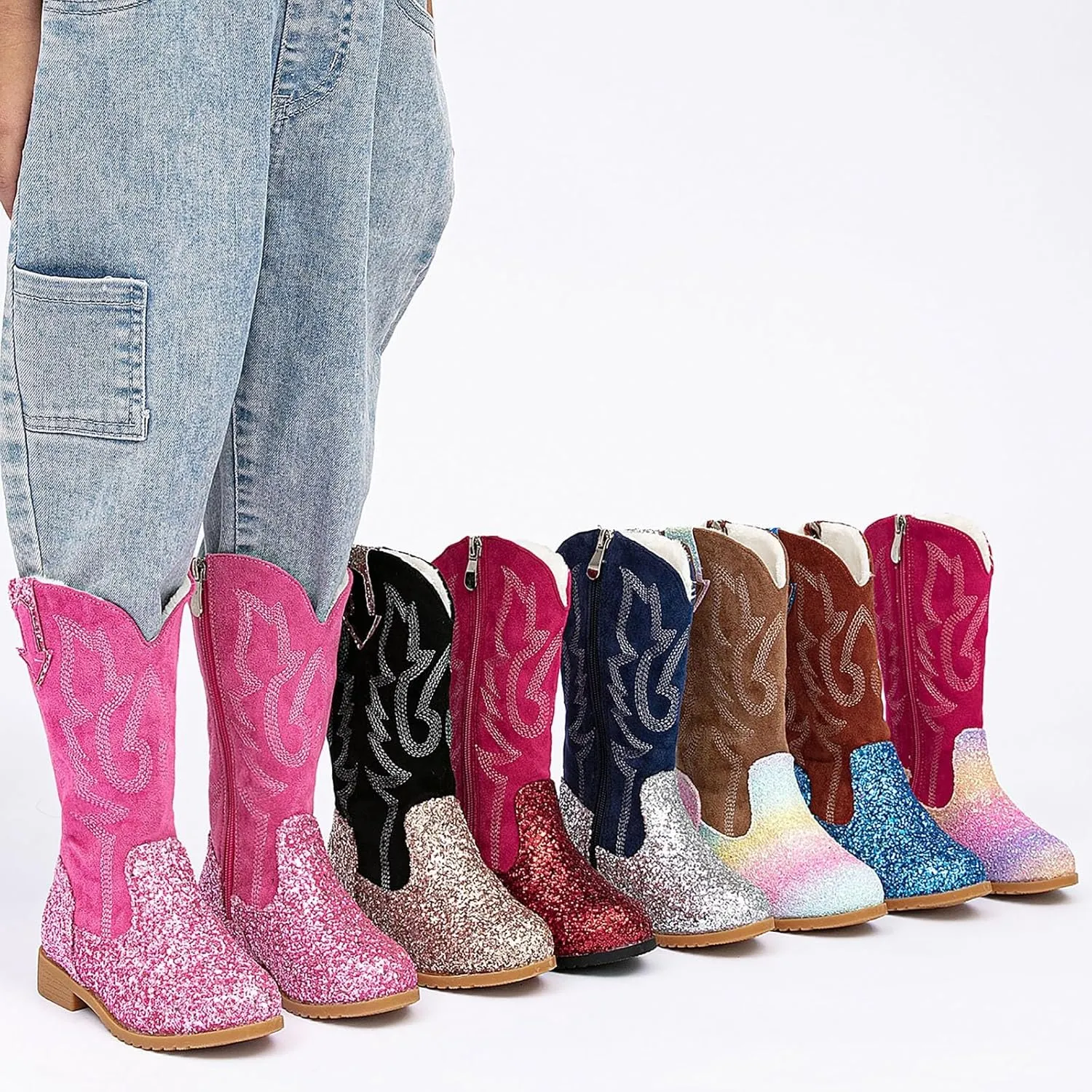 Girls Cowboy Boots Kids Toddler Glitter Western Cowgirl Boots Trendy Mid Calf Zipper Color Block Sparkly Riding Shoes