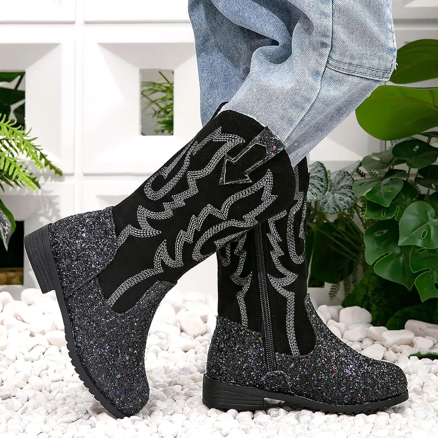 Girls Cowboy Boots Kids Toddler Glitter Western Cowgirl Boots Trendy Mid Calf Zipper Color Block Sparkly Riding Shoes