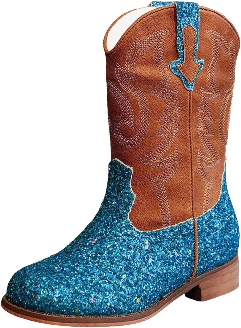 Girls Cowboy Boots Kids Toddler Glitter Western Cowgirl Boots Trendy Mid Calf Zipper Color Block Sparkly Riding Shoes