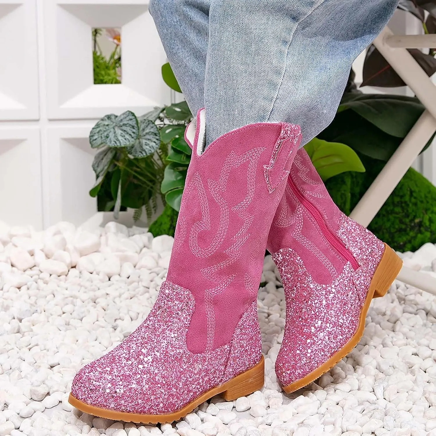 Girls Cowboy Boots Kids Toddler Glitter Western Cowgirl Boots Trendy Mid Calf Zipper Color Block Sparkly Riding Shoes