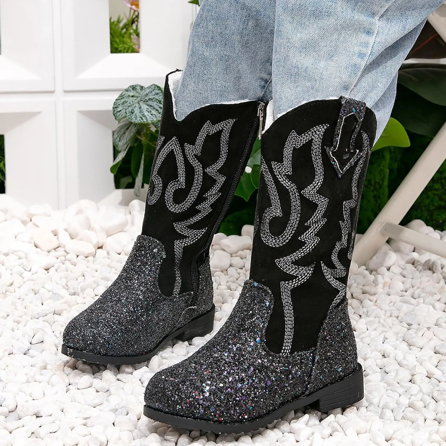 Girls Cowboy Boots Kids Toddler Glitter Western Cowgirl Boots Trendy Mid Calf Zipper Color Block Sparkly Riding Shoes
