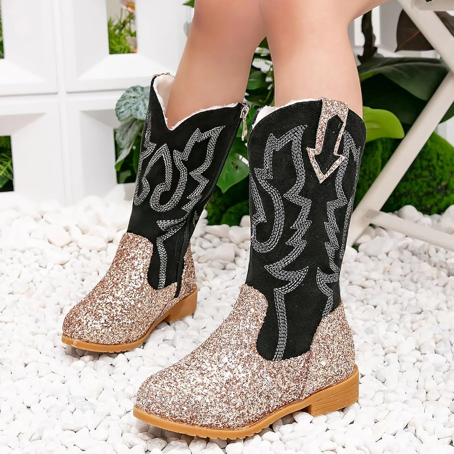 Girls Cowboy Boots Kids Toddler Glitter Western Cowgirl Boots Trendy Mid Calf Zipper Color Block Sparkly Riding Shoes