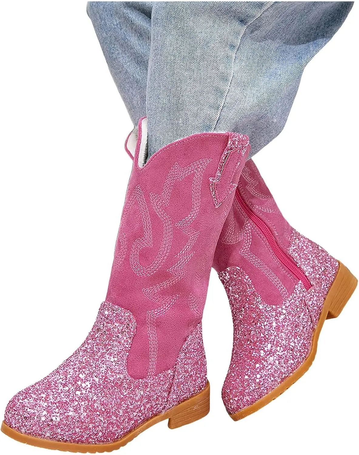 Girls Cowboy Boots Kids Toddler Glitter Western Cowgirl Boots Trendy Mid Calf Zipper Color Block Sparkly Riding Shoes
