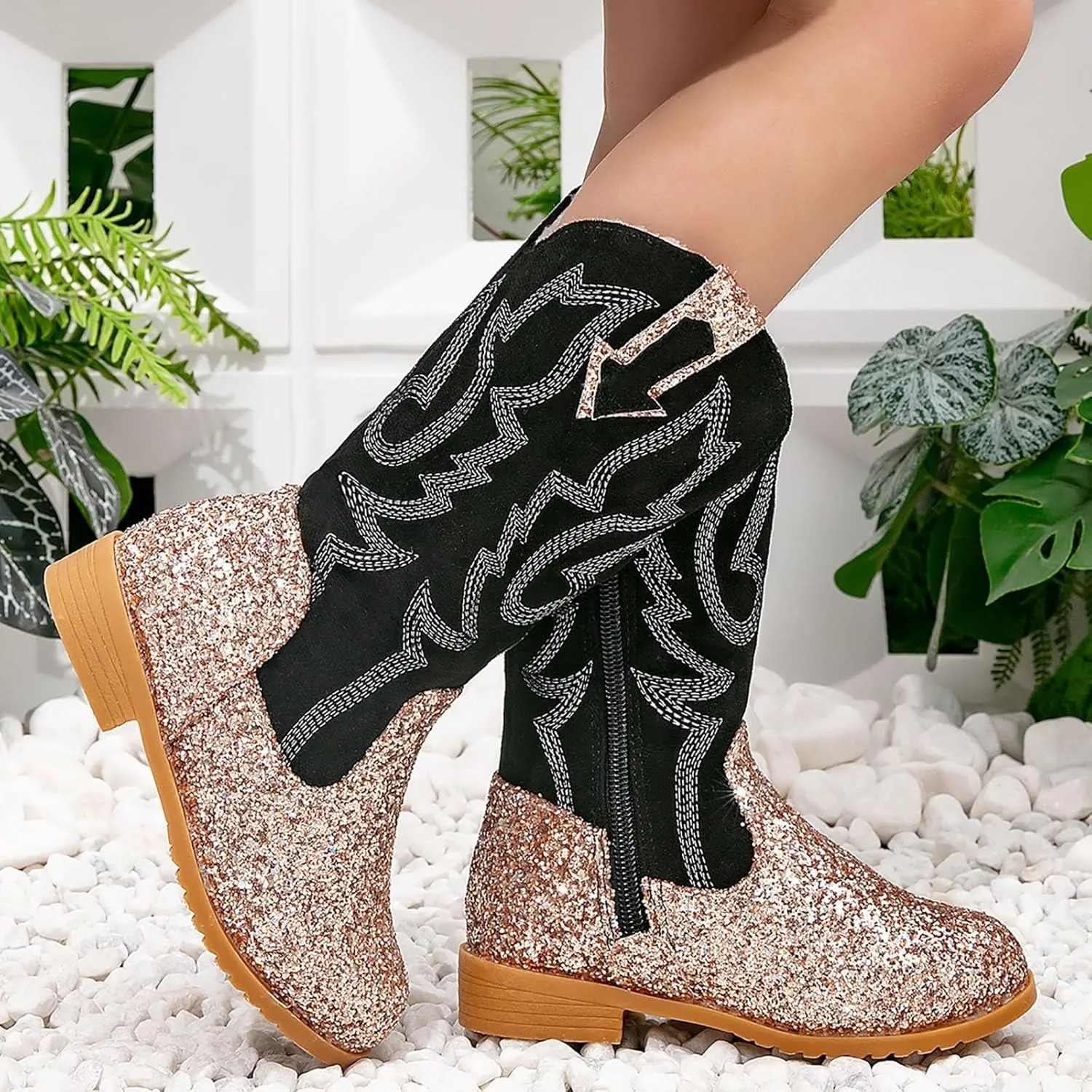 Girls Cowboy Boots Kids Toddler Glitter Western Cowgirl Boots Trendy Mid Calf Zipper Color Block Sparkly Riding Shoes