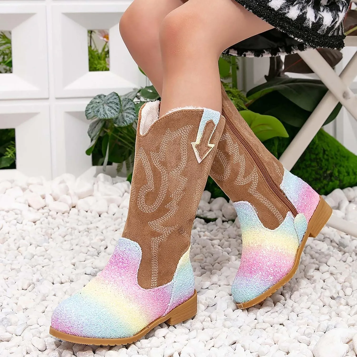 Girls Cowboy Boots Kids Toddler Glitter Western Cowgirl Boots Trendy Mid Calf Zipper Color Block Sparkly Riding Shoes