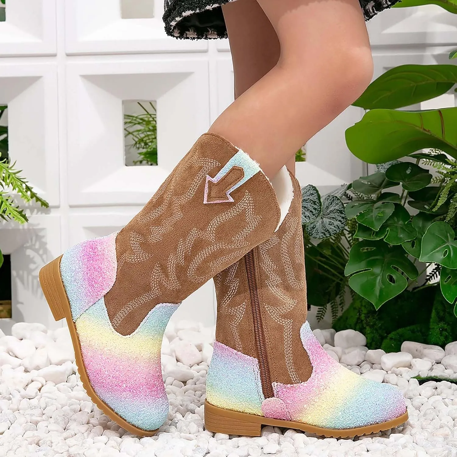 Girls Cowboy Boots Kids Toddler Glitter Western Cowgirl Boots Trendy Mid Calf Zipper Color Block Sparkly Riding Shoes