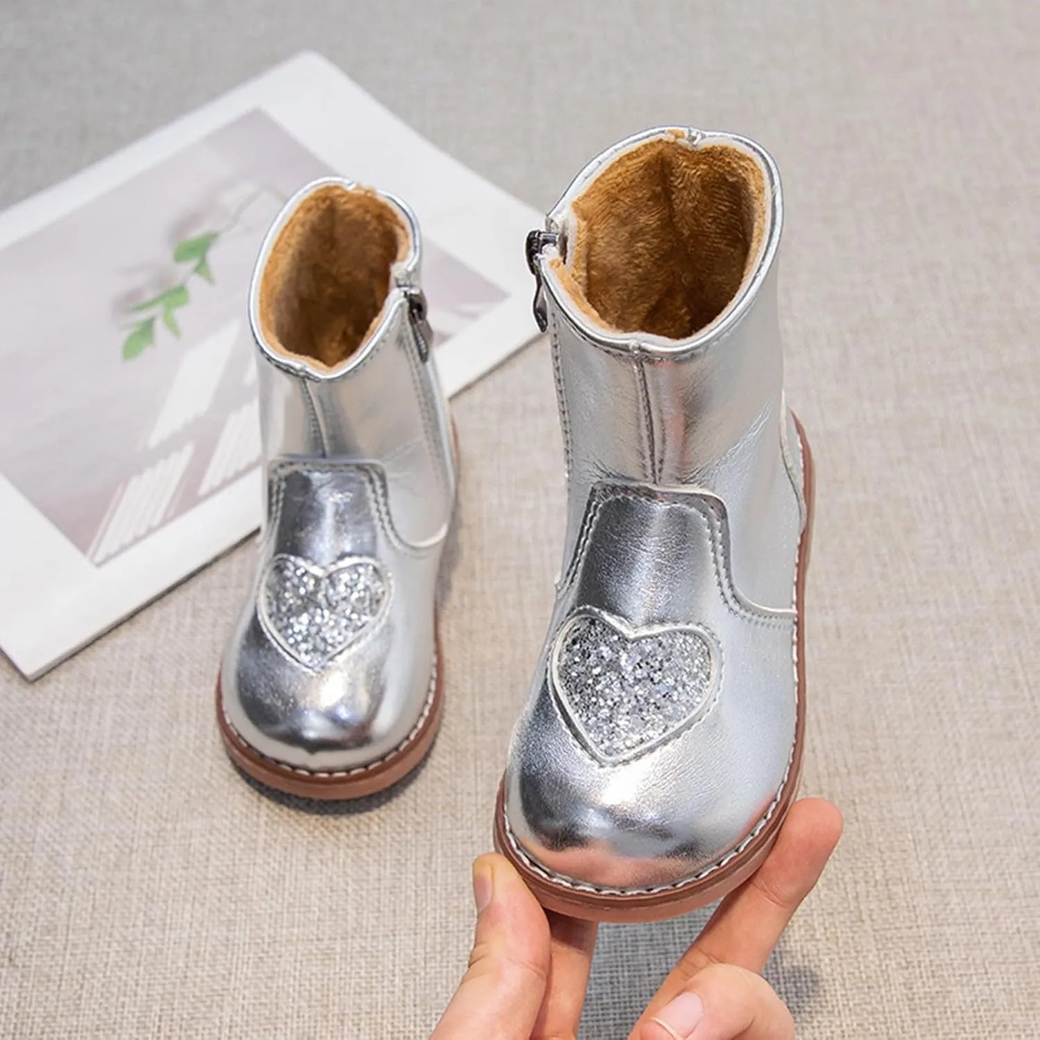 Kids Girls Short Ankle Boots Sweet Heart Sequin Side Zipper Dress Booties 2024 Fashion Trendy Platform Shoes