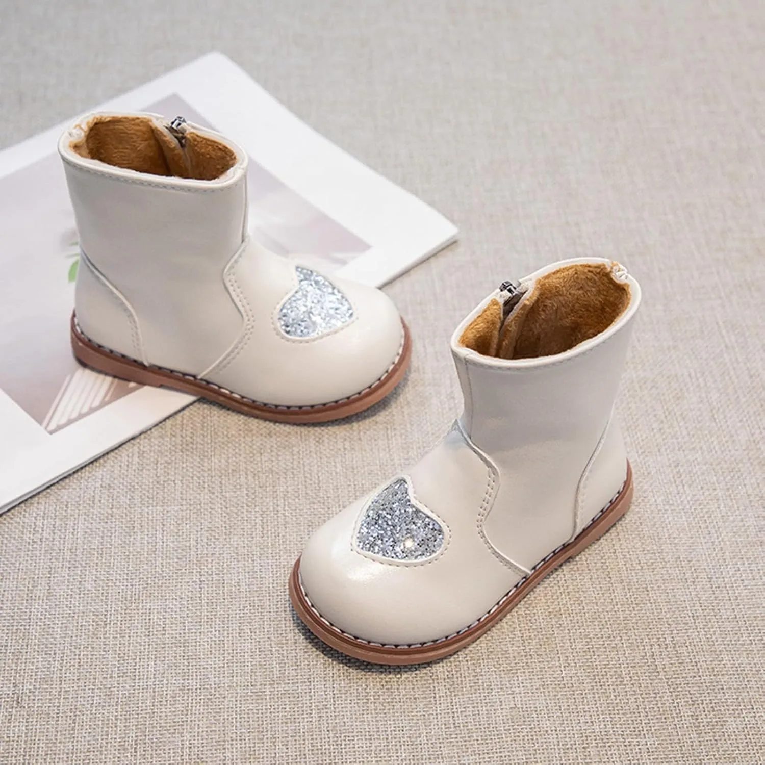 Kids Girls Short Ankle Boots Sweet Heart Sequin Side Zipper Dress Booties 2024 Fashion Trendy Platform Shoes