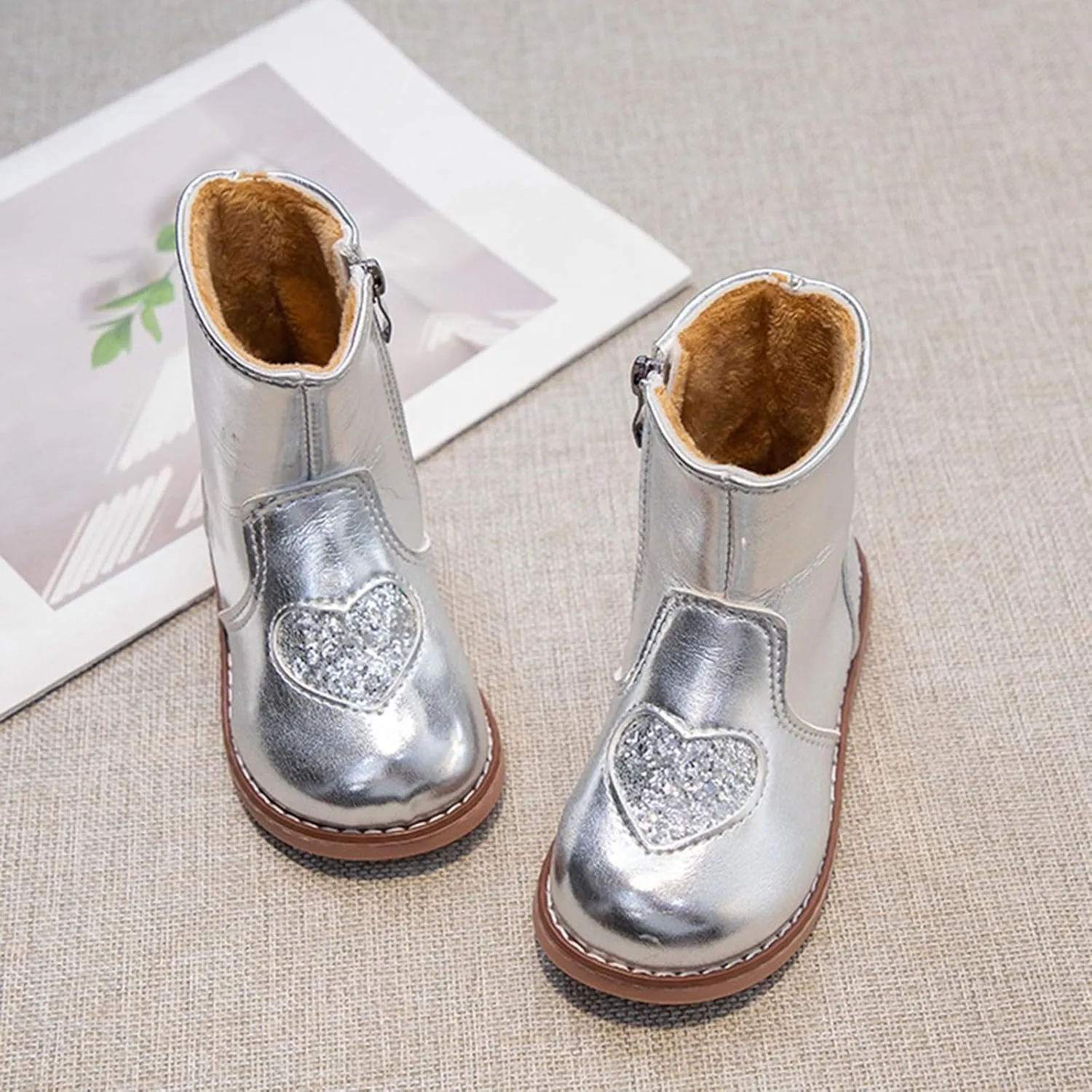 Kids Girls Short Ankle Boots Sweet Heart Sequin Side Zipper Dress Booties 2024 Fashion Trendy Platform Shoes
