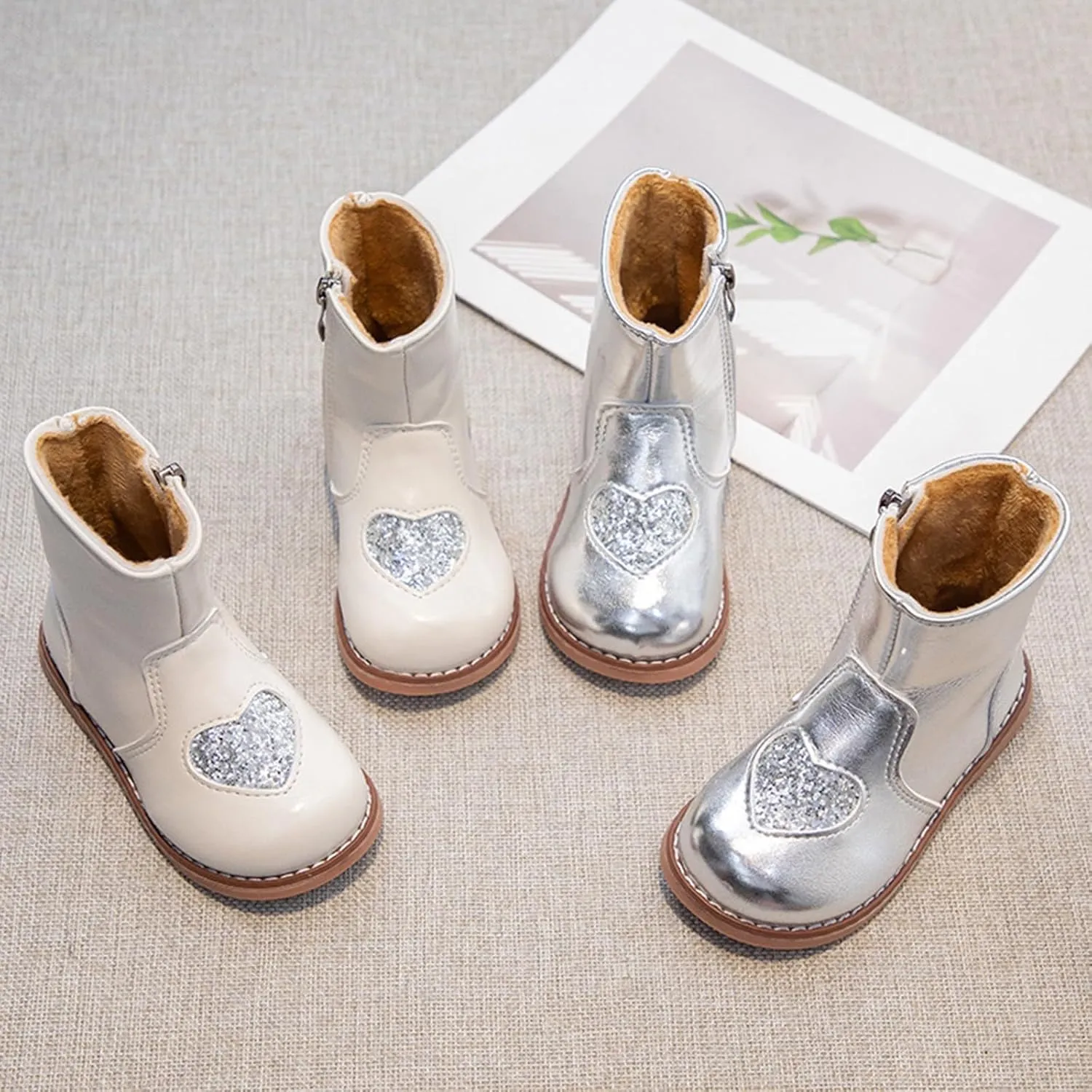 Kids Girls Short Ankle Boots Sweet Heart Sequin Side Zipper Dress Booties 2024 Fashion Trendy Riding Boots Girls