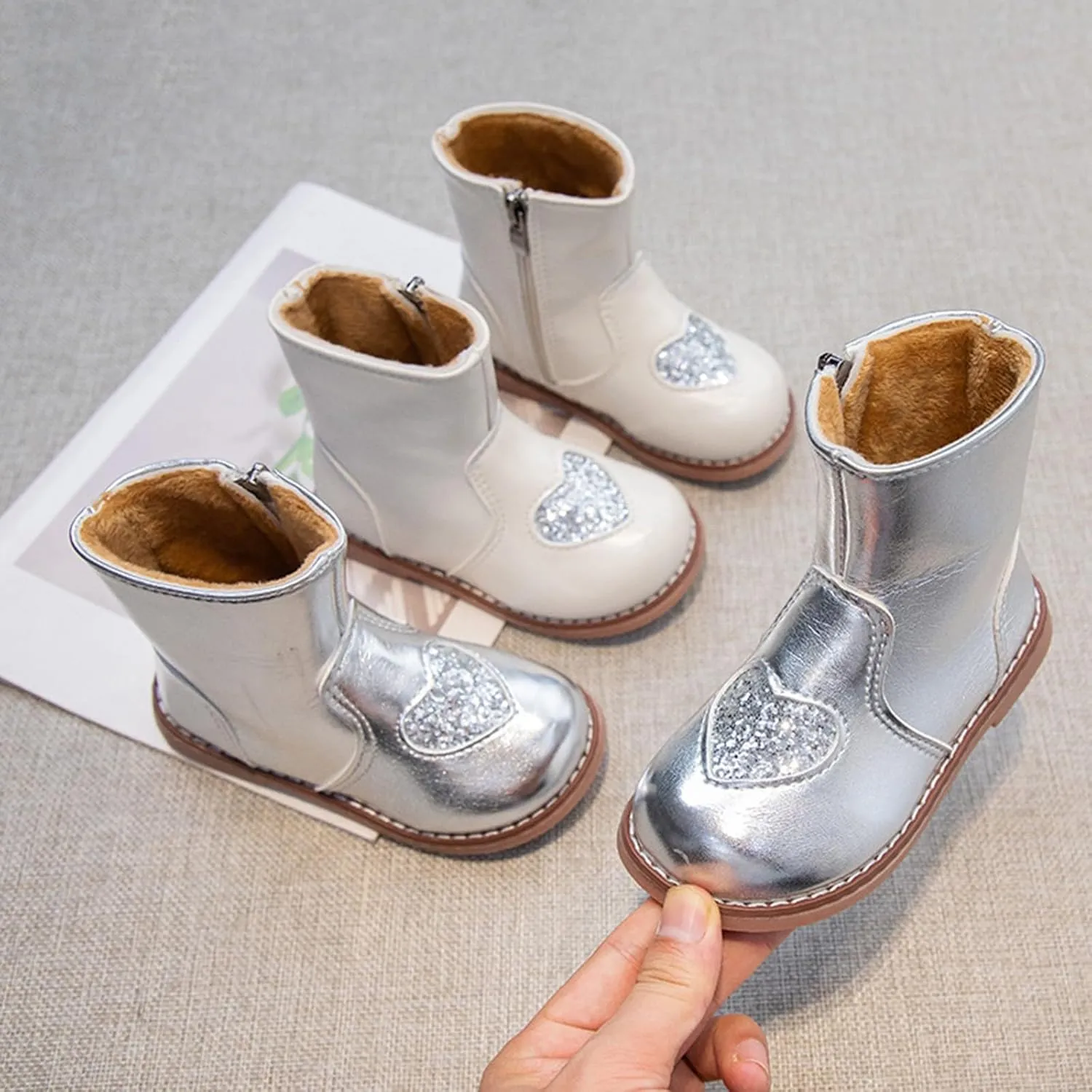 Kids Girls Short Ankle Boots Sweet Heart Sequin Side Zipper Dress Booties 2024 Fashion Trendy Riding Boots Girls
