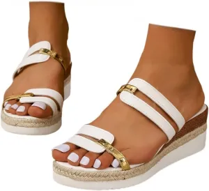 Ladies Summer Casual Colour Blocking Soft Leather Woven Straw Bottom Thick Bottom Slope Heel Large Size Sandals Slippers Summer Sandals for Women Flat Sandals Comfort Beach Sandal