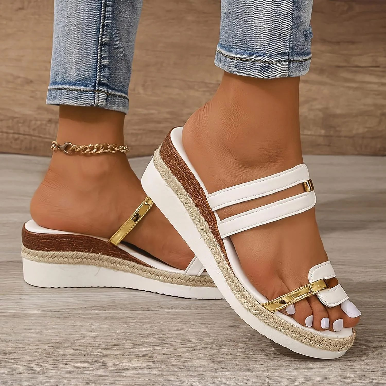 Ladies Summer Casual Colour Blocking Soft Leather Woven Straw Bottom Thick Bottom Slope Heel Large Size Sandals Slippers Summer Sandals for Women Flat Sandals Comfort Beach Sandal
