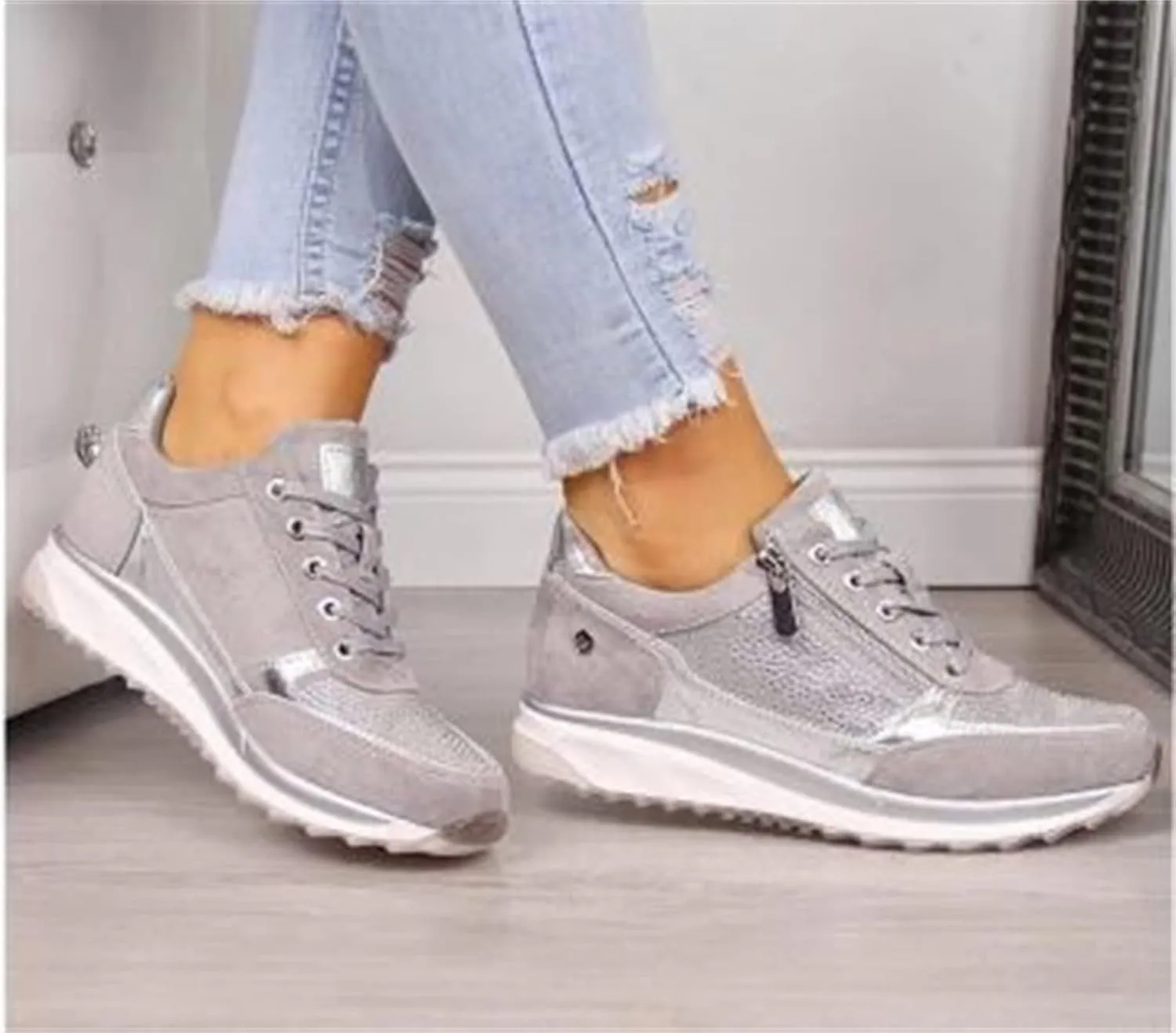 Ladmiple Sneakers For Women Walking Shoes Comfortable Casual Lace Up Dressy Summer Fashion Slip On Platform Flats Loafer