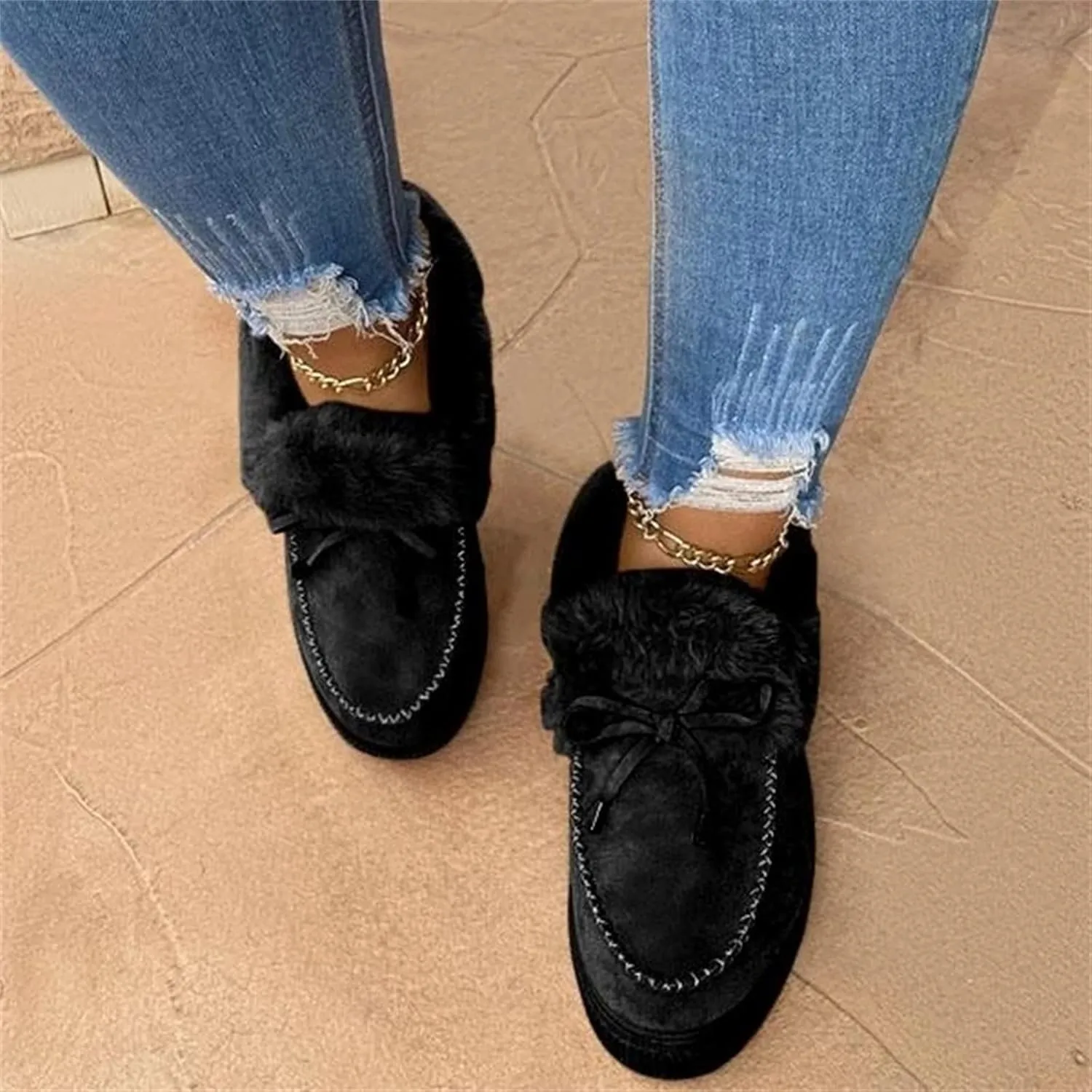Lausiuoe Winter Fashion Boots For Women 2024 Ankle Boot Slip On Comfortable Snow Fuzzy Booties Casual Fur Lined Loafers Shoes