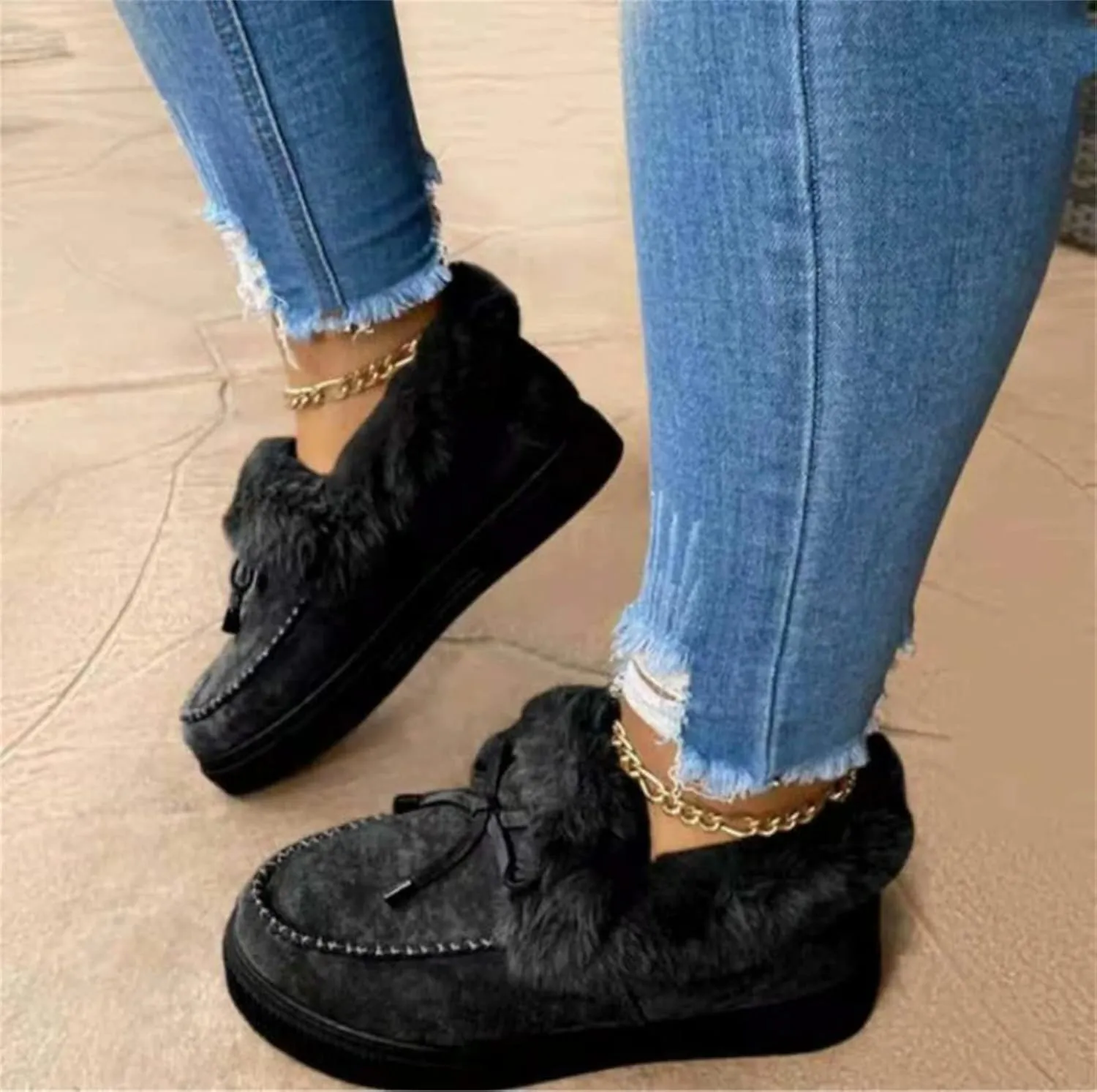 Lausiuoe Winter Fashion Boots For Women 2024 Ankle Boot Slip On Comfortable Snow Fuzzy Booties Casual Fur Lined Loafers Shoes