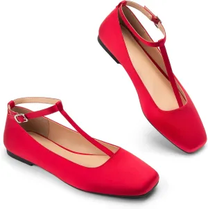 Mary Jane Flats Women Adjustable T Strap Square Toe Ballet Flats Ankle Strap Dress Comfortable Flats for Work,Date Nights Party,Office,Wedding