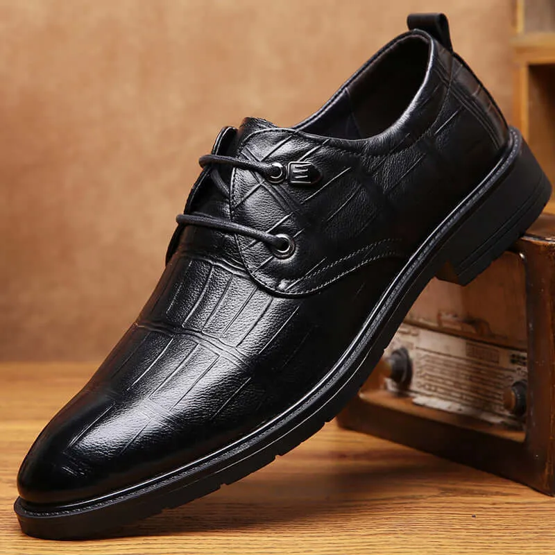Men's Embossed Leather Lace-Up Shoes: Flat Sole Oxfords
