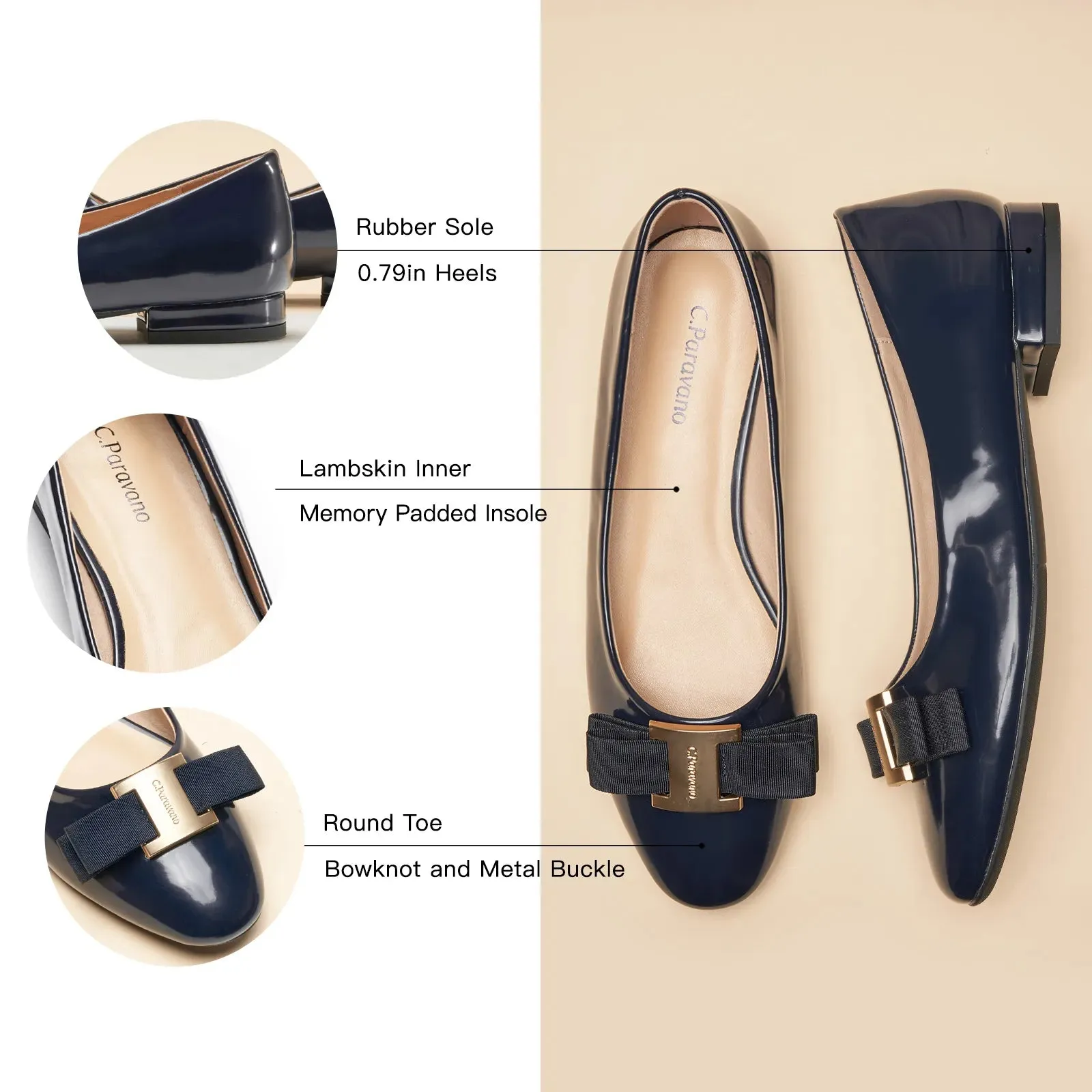 Metal Buckle bow Flats (Anita) Navy