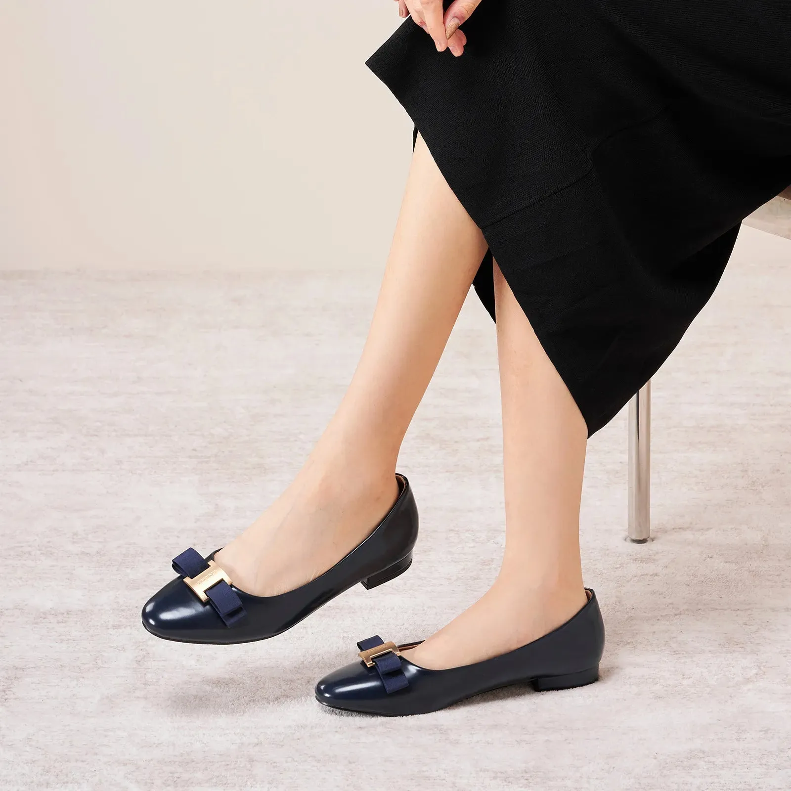 Metal Buckle bow Flats (Anita) Navy