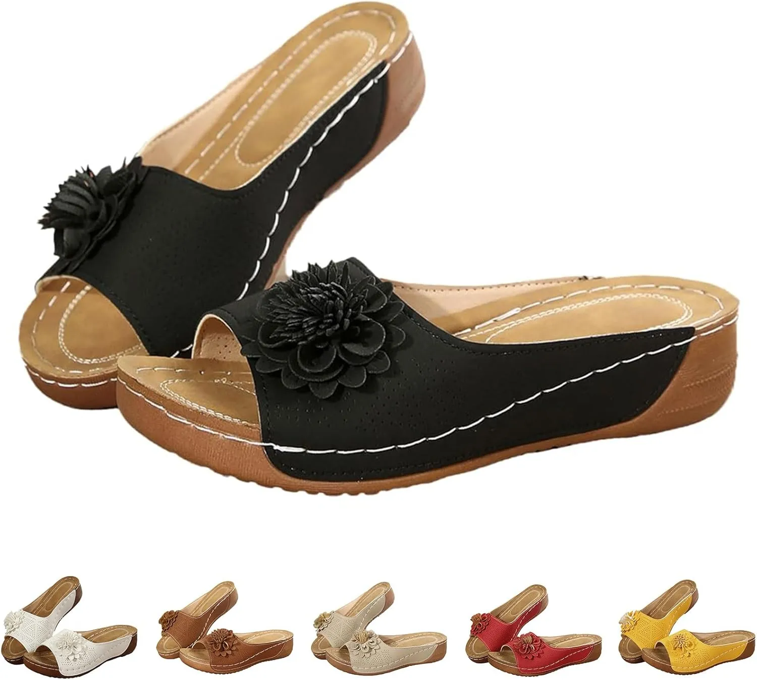 Mmoneyake Sandals for Women Wedge Shoes Comfortable Open Toe Dressy Platform Sandal Shoes Chic Flowers Orthopedic Sandals Dressy Summer Slides Casual Boho Slip On Beach Walking Sandal