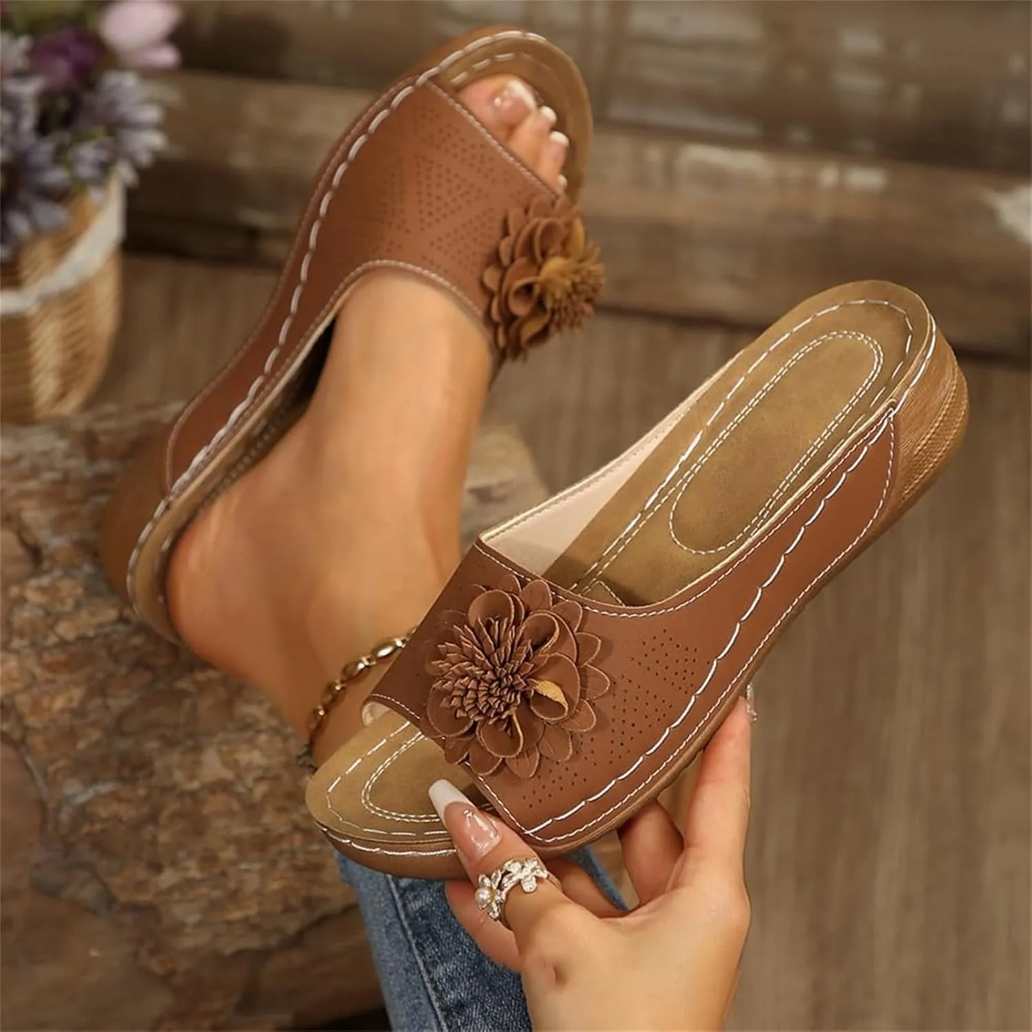 Mmoneyake Sandals for Women Wedge Shoes Comfortable Open Toe Dressy Platform Sandal Shoes Chic Flowers Orthopedic Sandals Dressy Summer Slides Casual Boho Slip On Beach Walking Sandal