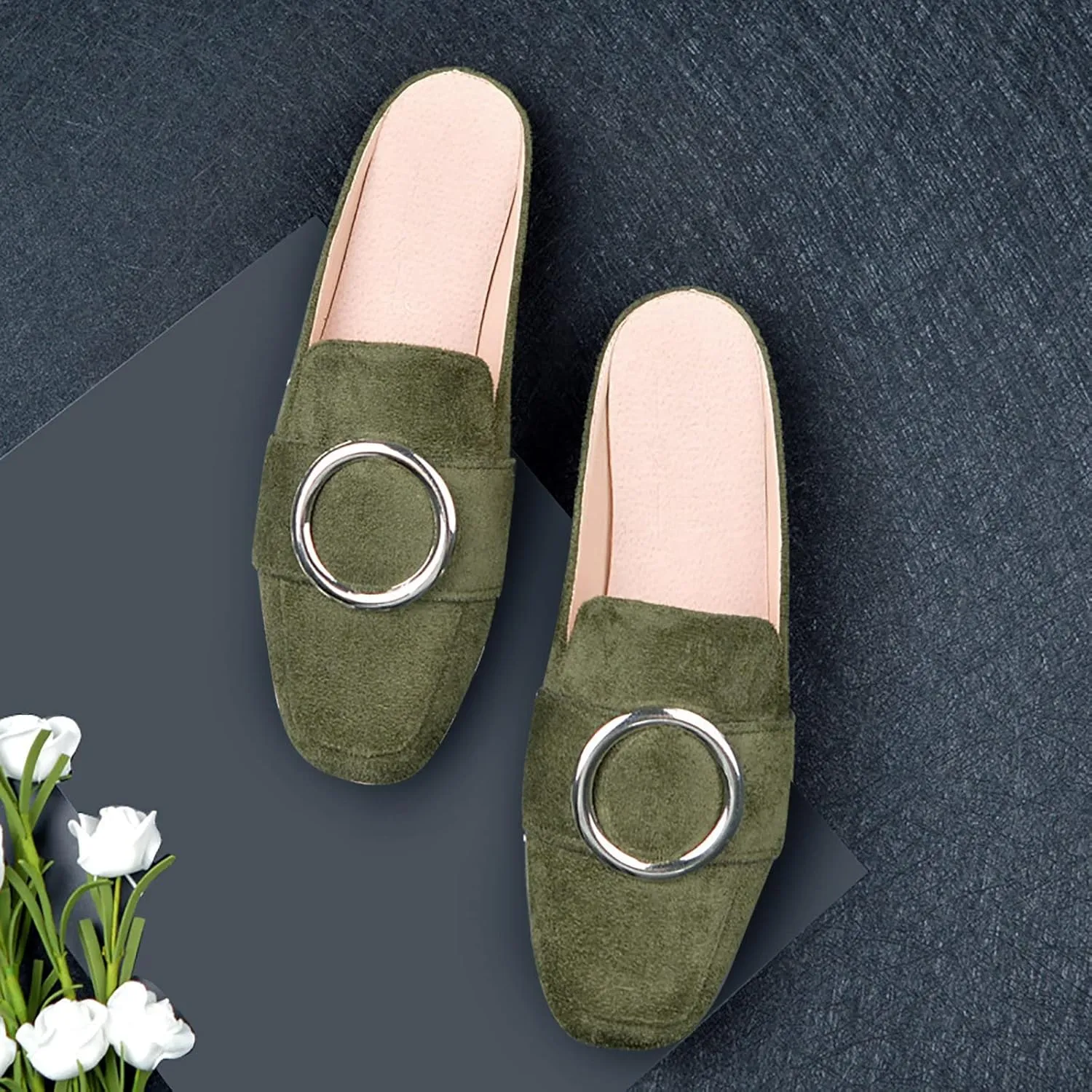 Mules for Woman Buckle Flats Comfortable Slip on Women Mules Flats Shoes Backless Loafers