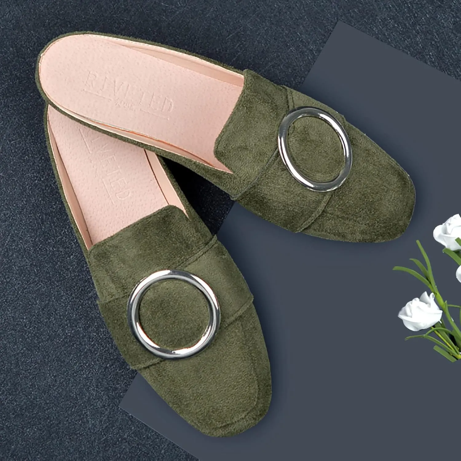 Mules for Woman Buckle Flats Comfortable Slip on Women Mules Flats Shoes Backless Loafers