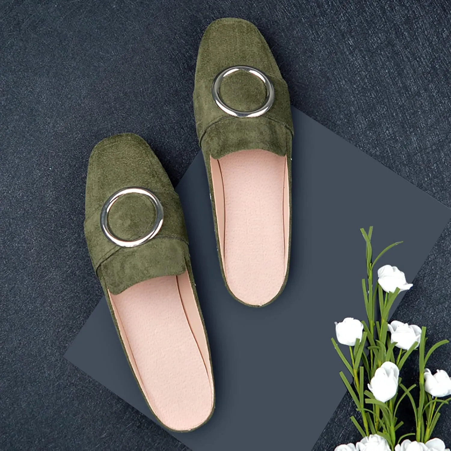 Mules for Woman Buckle Flats Comfortable Slip on Women Mules Flats Shoes Backless Loafers