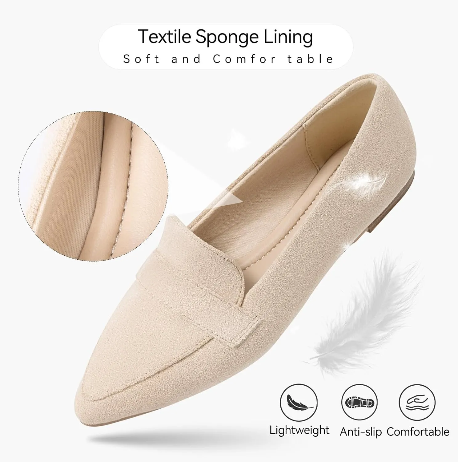 MUSSHOE Flats for Women Comfortable Pointed Toe Slip on Dressy Loafers for Women