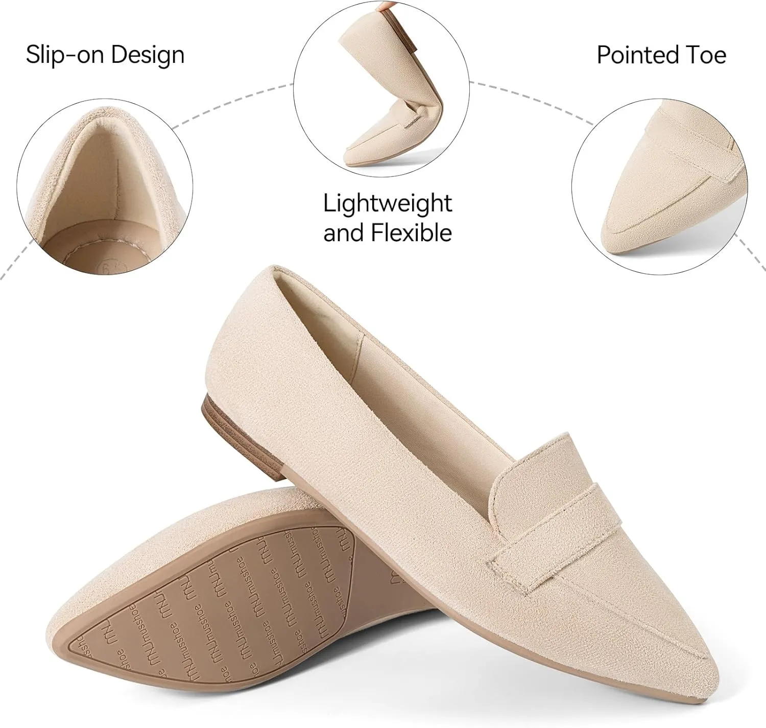MUSSHOE Flats for Women Comfortable Pointed Toe Slip on Dressy Loafers for Women