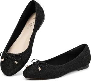 MUSSHOE Women's Flats Comfortable Bowknot Lace Breathable Ballet Flats for Women, Black 8.5