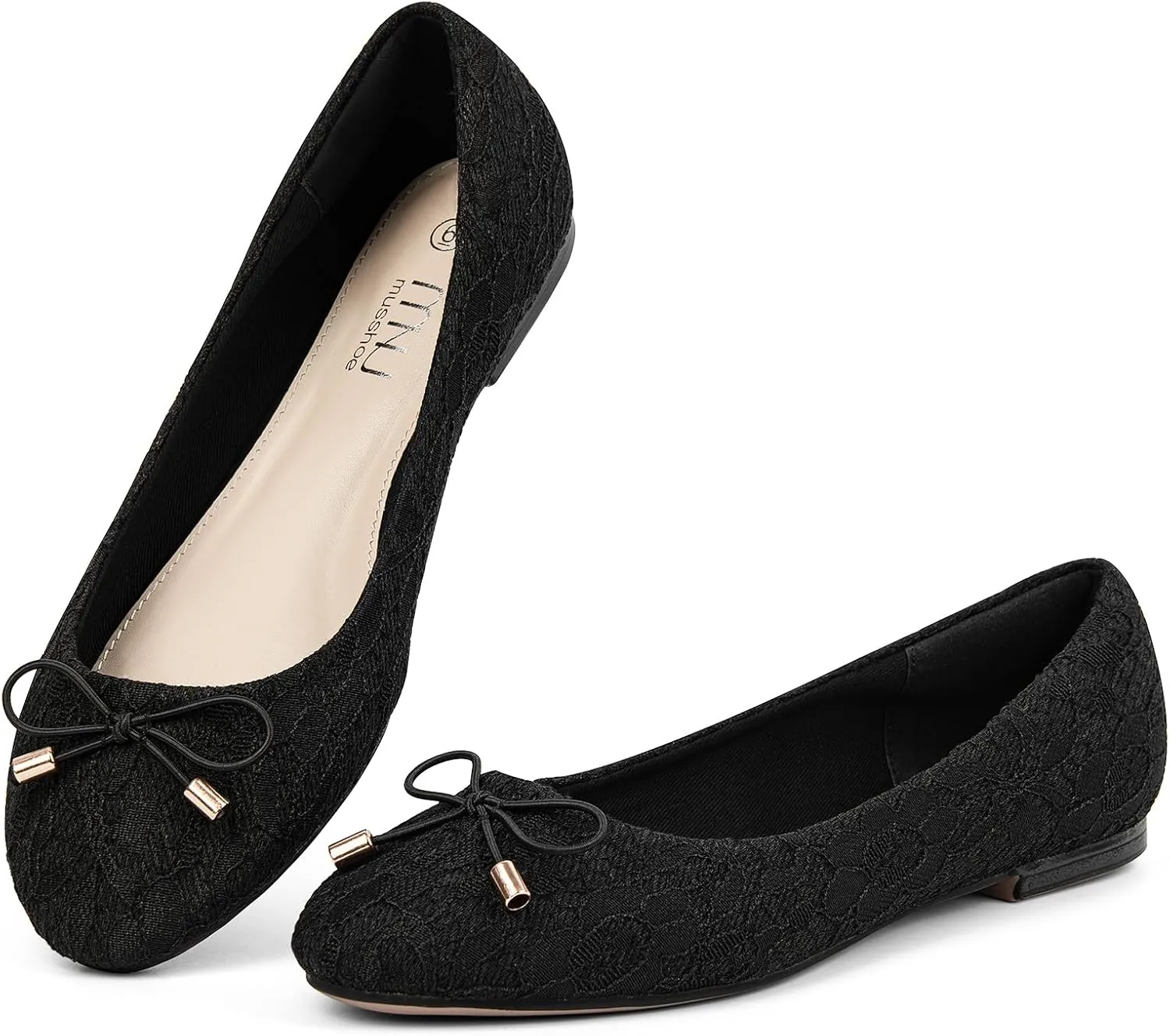 MUSSHOE Women's Flats Comfortable Bowknot Lace Breathable Ballet Flats for Women, Black 8.5