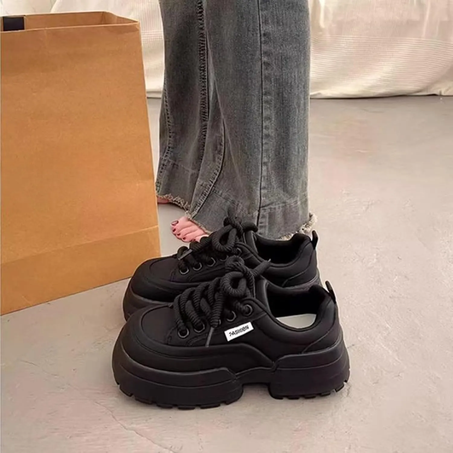 Non Slip Shoes Women Faux Pu Leather Thick Paltform Cute Walking Sneakers Comfortable Outdoor Running Workout Shoes