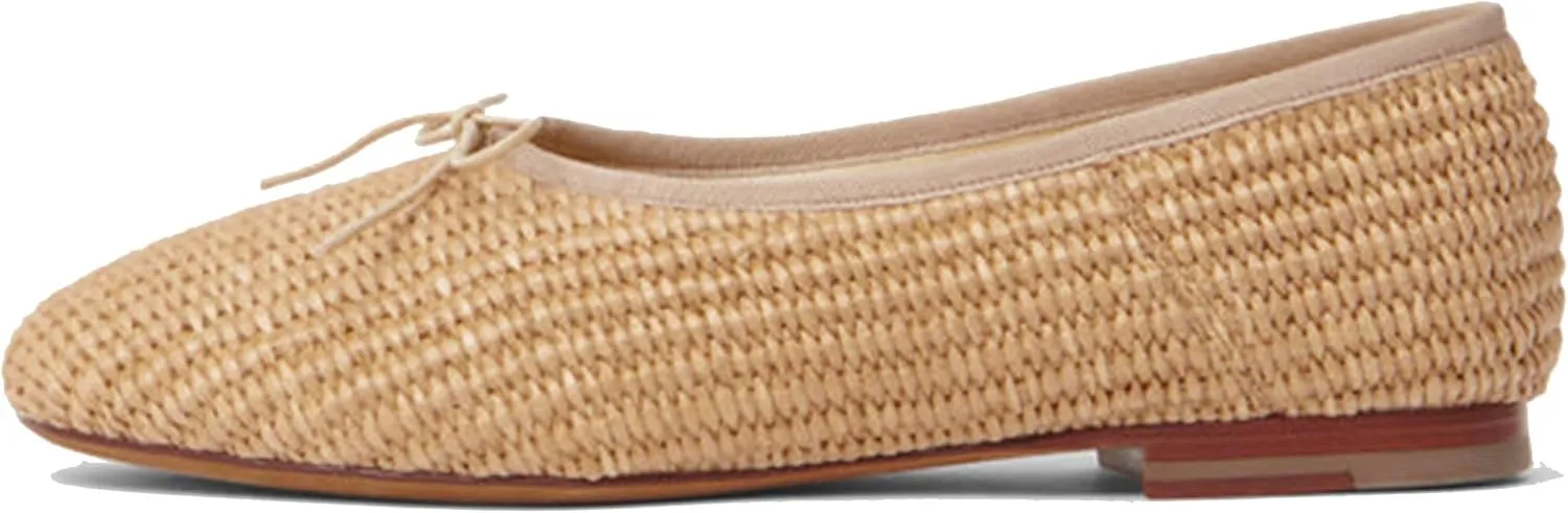 Nude Ballet Flats Shoes for Women Cute Bows with Comfortable Round Toe Elegance Stylish Low Stacked Heel Natural Raffia Woven Design for Casual Wear Size 9