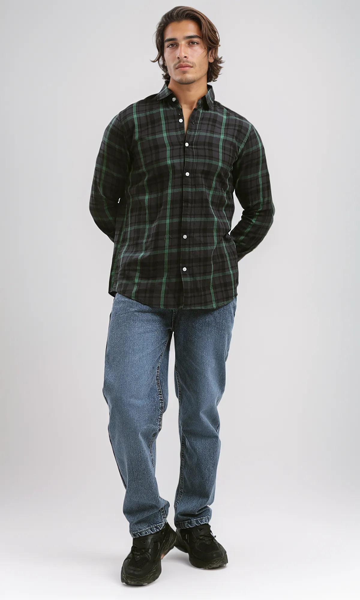 O179970 Cotton Tartan Shirt With Turn Down Collar - Black & Green