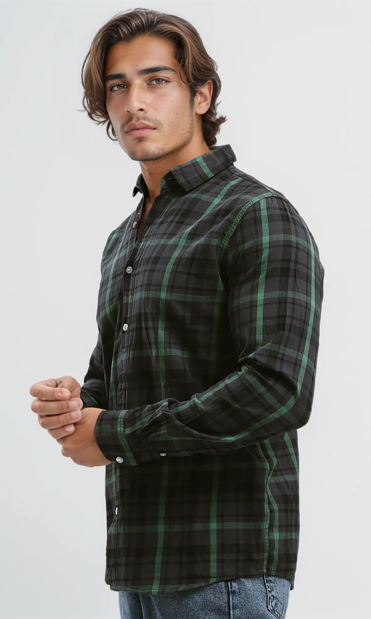 O179970 Cotton Tartan Shirt With Turn Down Collar - Black & Green