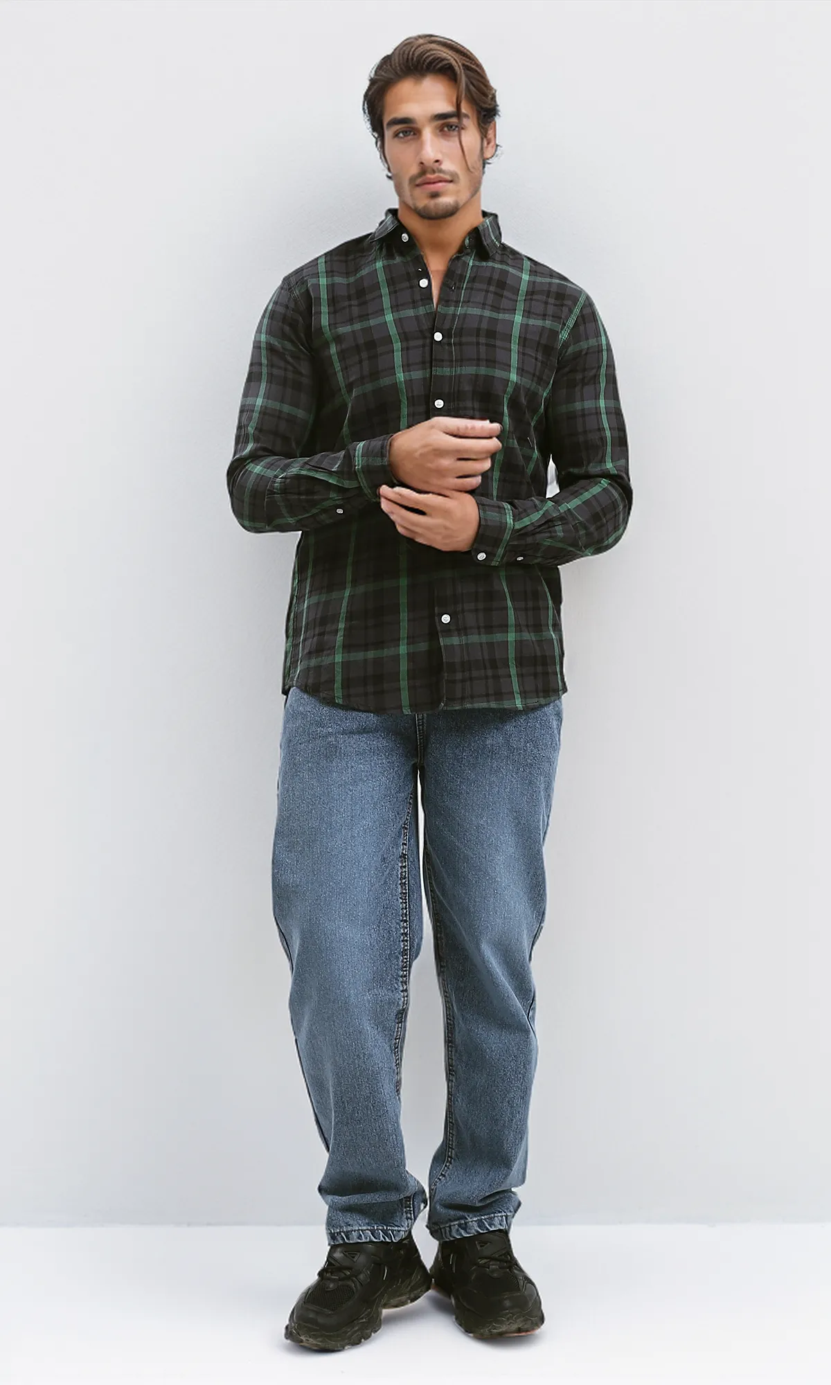 O179970 Cotton Tartan Shirt With Turn Down Collar - Black & Green