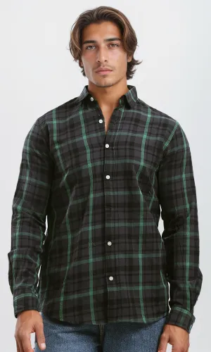O179970 Cotton Tartan Shirt With Turn Down Collar - Black & Green