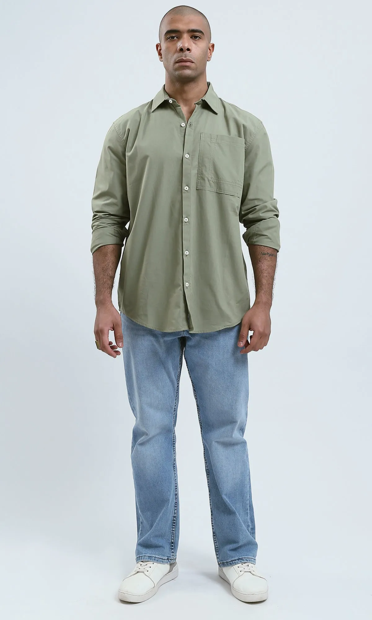 O181023 - Solid Olive Cotton Shirt with Buttoned Cuffs