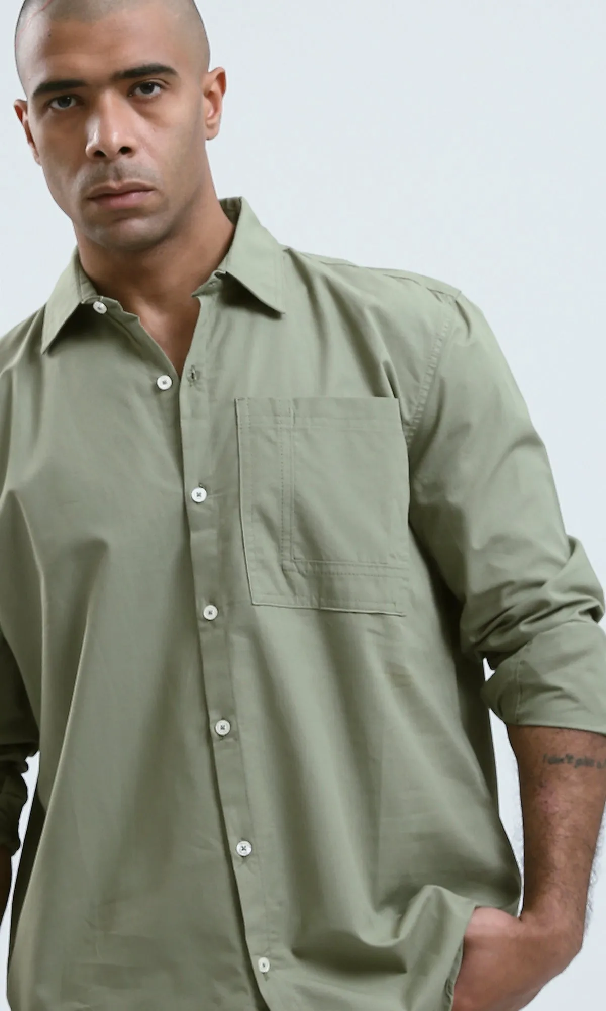 O181023 - Solid Olive Cotton Shirt with Buttoned Cuffs