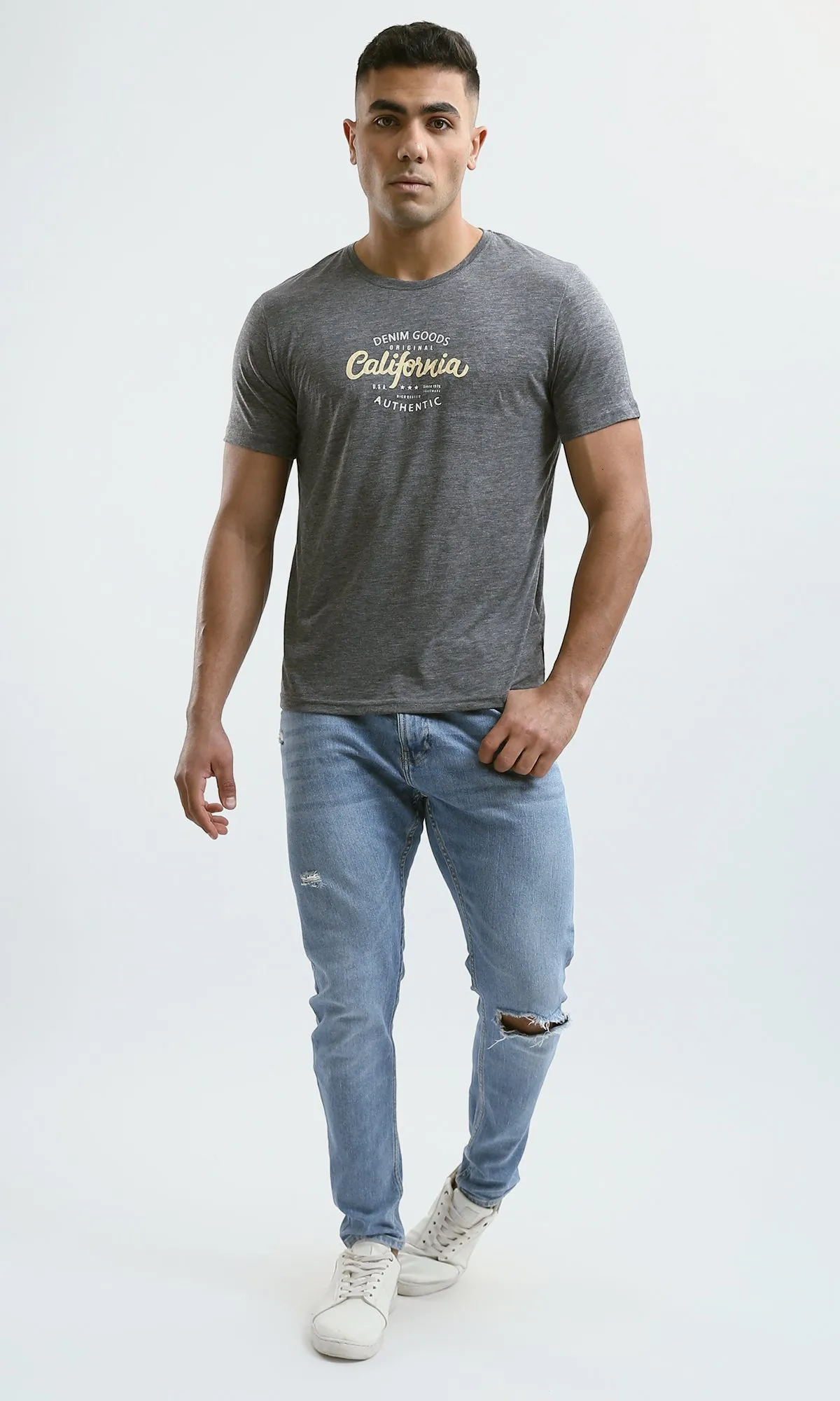 O182902 Heather Dark Grey Printed "California" Short Sleeves Tee