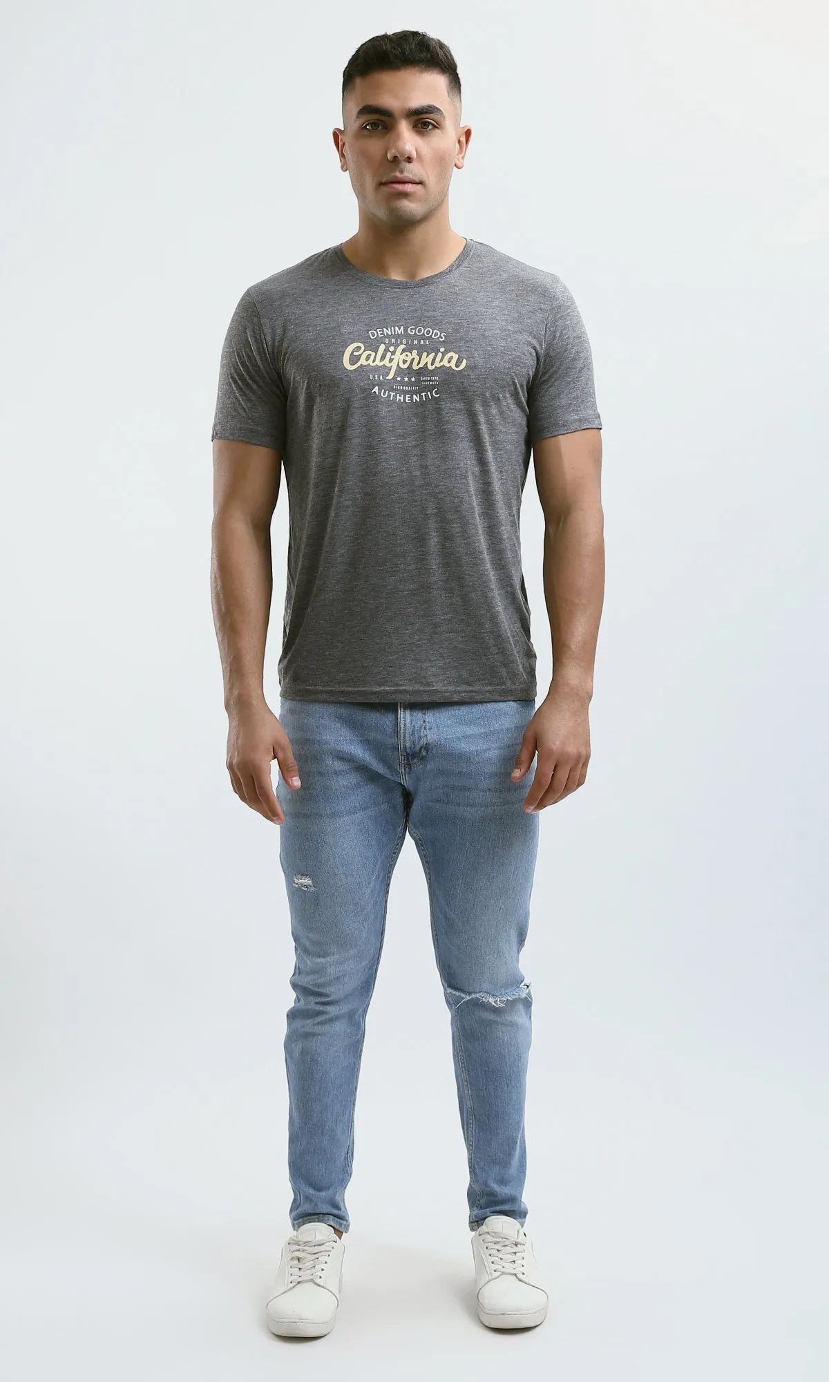 O182902 Heather Dark Grey Printed "California" Short Sleeves Tee